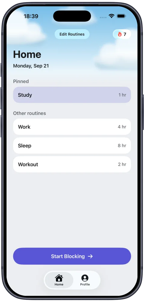 Fella Home screen showing focus routines and session lengths