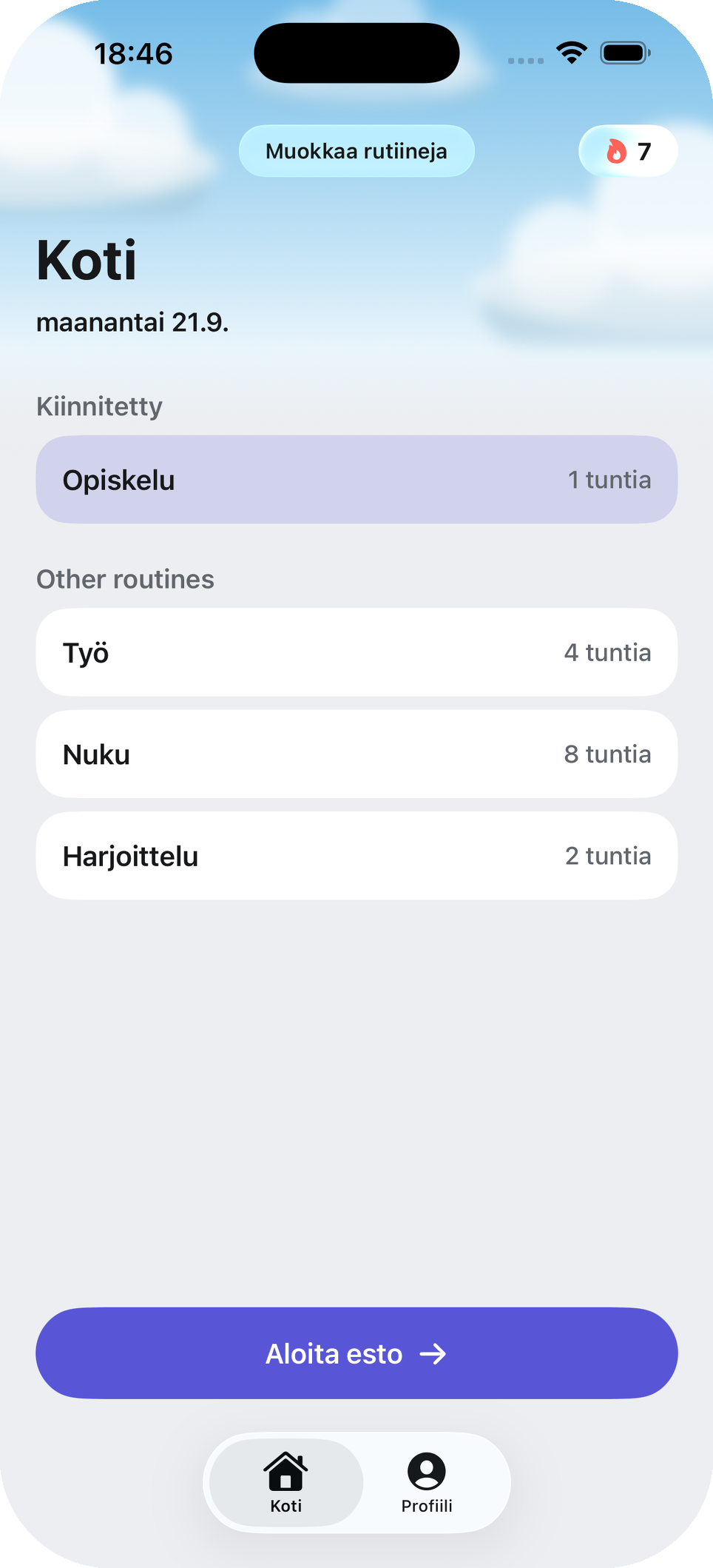 Fellan aloitusnäyttö, jossa näkyvät keskittymisrutiinit ja istuntojen kestot